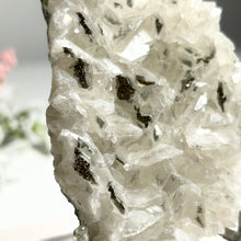Load image into Gallery viewer, White Calcite Cluster with Pyrite Inclusions — Natural Crystal Plate for Home Decor &amp; Healing Energy
