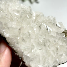 Load image into Gallery viewer, White Calcite Crystal Plate with Pyrite — Natural Calcite Cluster for Home Decor &amp; Healing Energy
