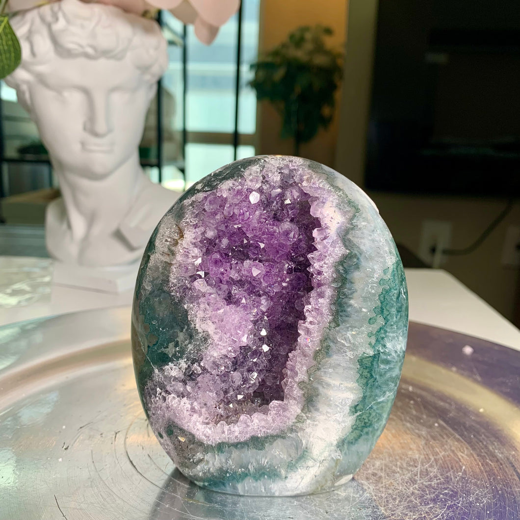 Rare found - druzy amethyst agate tower with moss agate on skin / rainbow amethyst tower