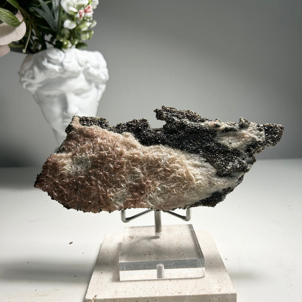 Large Platy Calcite with Needle Calcite and Golden Pyrite — Natural Crystal Plate for Home Decor and Mineral Collection