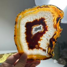 Load image into Gallery viewer, Top Quality Brazilian Agate Slice – Natural Banding, Warm Earth Tones &amp; Crystal Center
