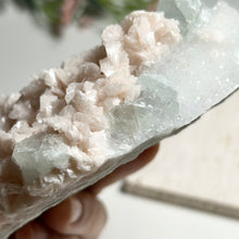 Load image into Gallery viewer, Pearl Pink Dolomite with Green Fluorite | Pastel Crystal Cluster on Matrix | Natural Mineral Home Décor

