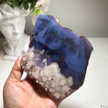 Load image into Gallery viewer, Deep Blue Flower Agate Slice from Madagascar — Polished Chalcedony Slab with Bloom Clusters
