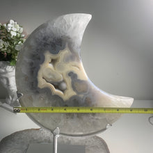 Load image into Gallery viewer, XL Brazilian Agate Moon on Stand | Cream &amp; Grey Druzy Crystal Decor | Large Agate Slice Sculpture | Luxury Home Styling Piece
