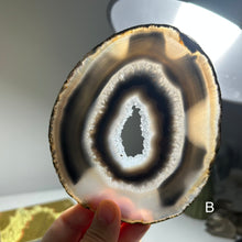 Load image into Gallery viewer, Top Quality Brazilian Agate Slice – Natural Banding, Crystal Center &amp; Soft Pastel Tones
