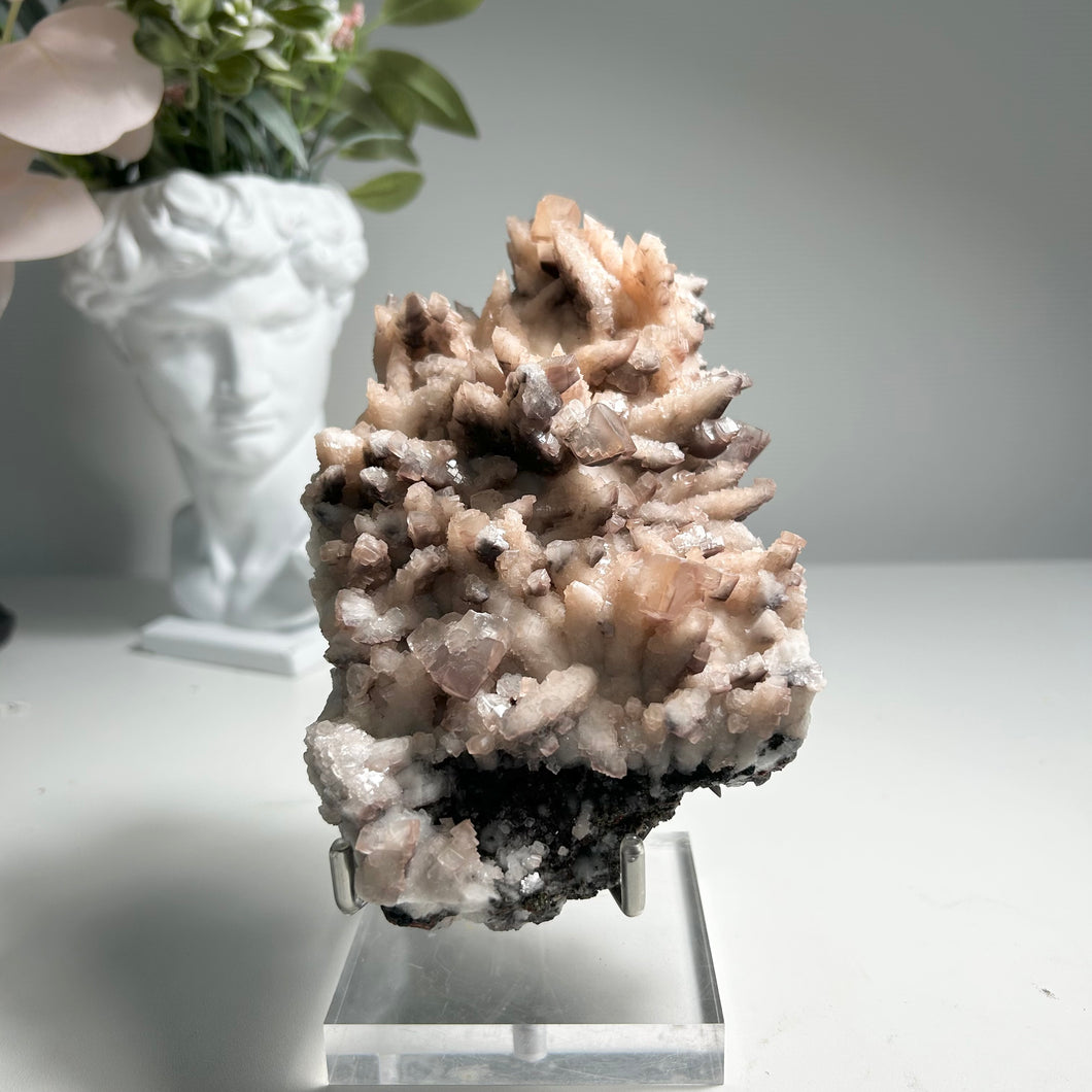 Large Pink Calcite Cluster with Dogtooth Crystals and Frosty Sparkling Matrix｜Natural Mineral Decor and Heart Chakra Healing