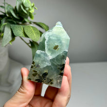 Load image into Gallery viewer, Prehnite crystal tower featuring Epidote inclusions
