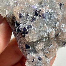 Load image into Gallery viewer, Purple Fluorite on Druzy Quartz Cluster — Sparkly Fluorite Cubes on Natural Quartz Base
