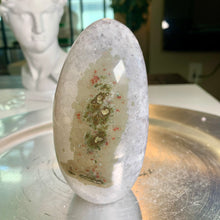 Load image into Gallery viewer, Rare - druzy amethyst agate tower with fire quartz and moss agate on skin / rainbow amethyst freeform
