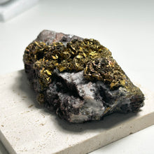 Load image into Gallery viewer, Golden Pyrite Cluster on Quartz and Calcite Matrix – Natural Crystal Specimen for Home Decor and Mineral Collection
