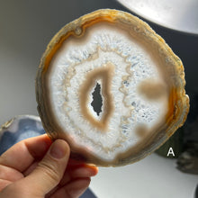 Load image into Gallery viewer, Top Quality Brazilian Agate Slice – Natural Banding, Crystal Center &amp; Soft Pastel Tones
