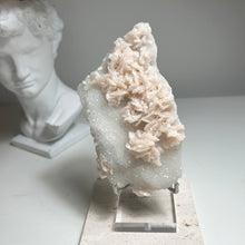Load image into Gallery viewer, Pearl Pink Dolomite on Sparkling Quartz – Natural Crystal Sculpture | Rosette Dolomite Cluster | Soft Pink Mineral Display | Home Décor Crystal
