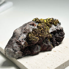 Load image into Gallery viewer, Golden Pyrite Cluster on Quartz and Calcite Matrix – Natural Crystal Specimen for Home Decor and Mineral Collection
