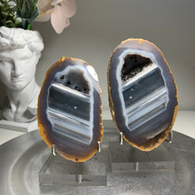 Load image into Gallery viewer, Top quality-  Agate geode pair from Brazil with sparkling druzy and nice banding
