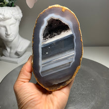 Load image into Gallery viewer, Top quality-  Agate geode pair from Brazil with sparkling druzy and nice banding
