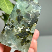 Load image into Gallery viewer, Prehnite crystal tower featuring Epidote inclusions
