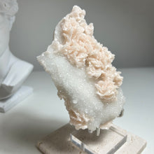 Load image into Gallery viewer, Pearl Pink Dolomite on Sparkling Quartz – Natural Crystal Sculpture | Rosette Dolomite Cluster | Soft Pink Mineral Display | Home Décor Crystal
