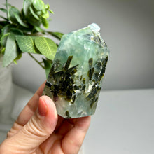 Load image into Gallery viewer, Prehnite crystal tower featuring Epidote inclusions
