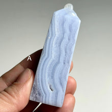 Load image into Gallery viewer, Blue Lace Agate Polished Slab Tower – Natural Banded Chalcedony for Calm, Peace &amp; Throat Chakra Healing

