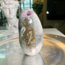 Load image into Gallery viewer, Rare - druzy amethyst agate tower with fire quartz and moss agate on skin / rainbow amethyst freeform
