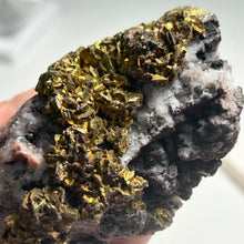 Load image into Gallery viewer, Golden Pyrite Cluster on Quartz and Calcite Matrix – Natural Crystal Specimen for Home Decor and Mineral Collection
