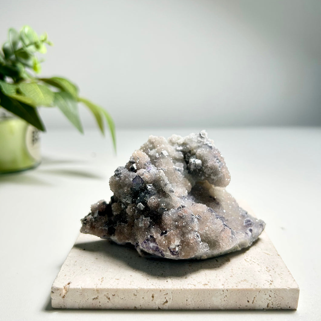 Purple Fluorite on Druzy Quartz Cluster — Sparkly Fluorite Cubes on Natural Quartz Base