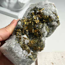 Load image into Gallery viewer, Golden Pyrite on Quartz Matrix — Natural Crystal Cluster for Home Decor and Mineral Collection
