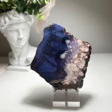 Load image into Gallery viewer, Deep Blue Flower Agate Slice from Madagascar — Polished Chalcedony Slab with Bloom Clusters
