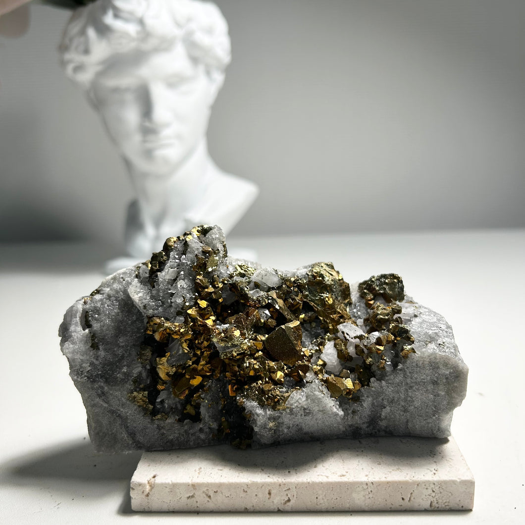 Golden Pyrite on Quartz Matrix — Natural Crystal Cluster for Home Decor and Mineral Collection