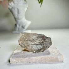Load image into Gallery viewer, Steel Silver Rutilated Quartz Crystal Point | Coarse Rutile Inclusions | Natural Rutilated Quartz Specimen | Mineral Display
