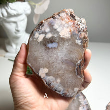 Load image into Gallery viewer, Blue &amp; Pink Flower Agate Slice from Madagascar — Natural Crystal Slab with Unique Floral Patterns
