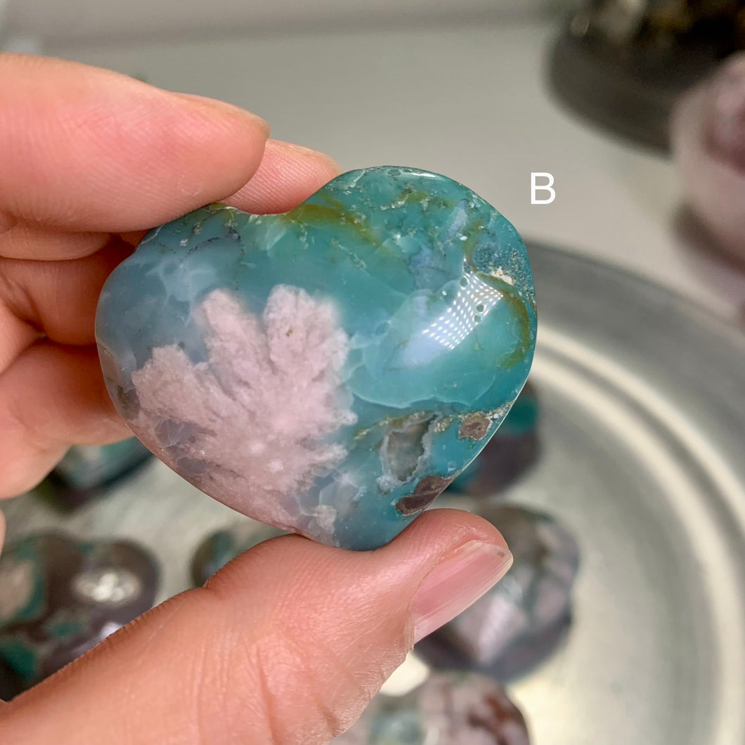 High quality - natural color green flower agate heart