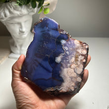 Load image into Gallery viewer, Deep Blue Flower Agate Slice from Madagascar — Polished Chalcedony Slab with Bloom Clusters
