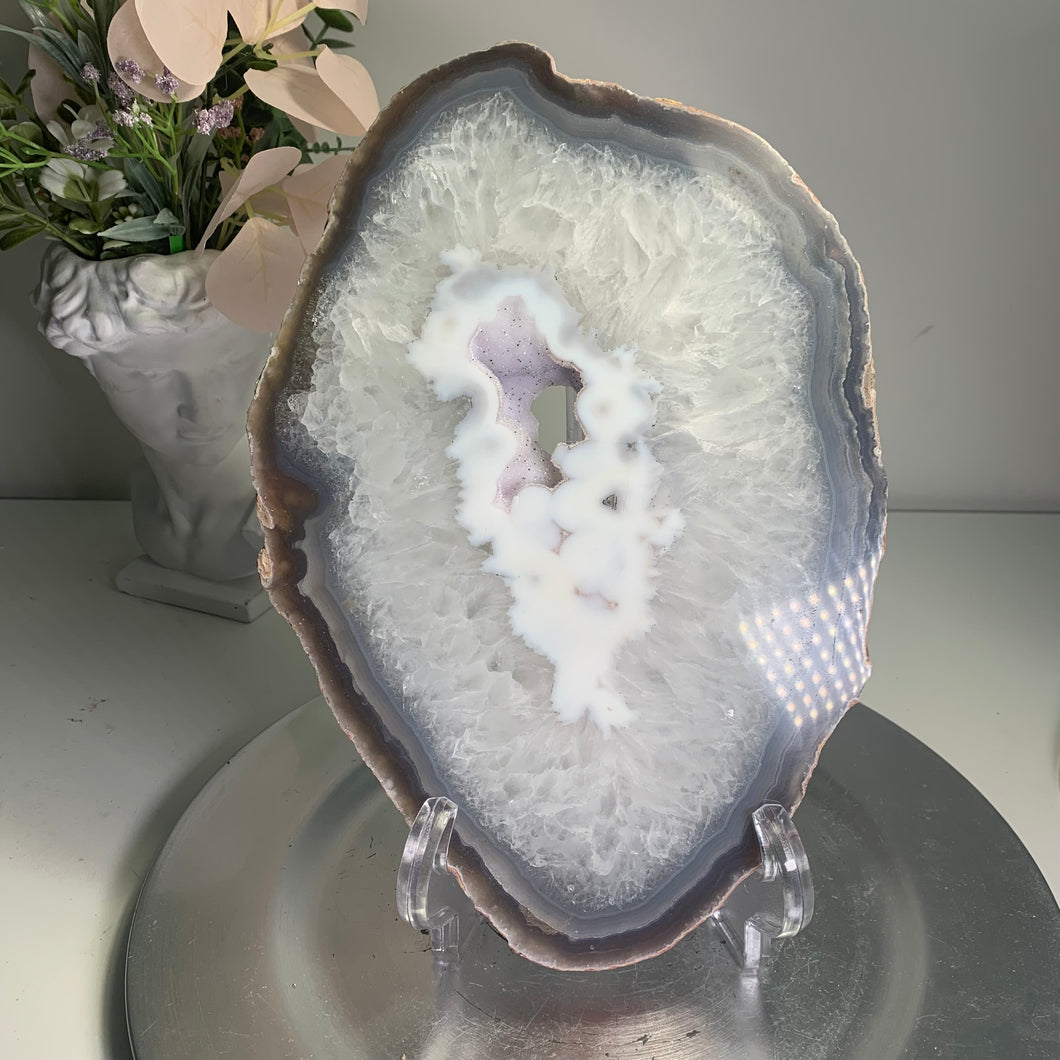 Rare - top quality large size agate slab / slice with pink sugary druzy in the middle