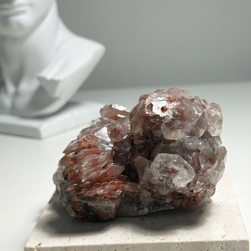 Red Hematite Included Calcite Cluster — Transparent Natural Crystal with Red Mineral Inclusions for Home Decor and Collection
