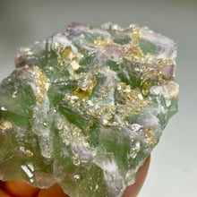 Load image into Gallery viewer, Golden Barite on green &amp; purple fluorite | Jiangxi Province, China
