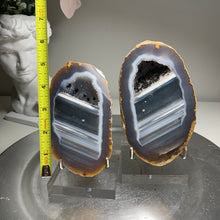 Load image into Gallery viewer, Top quality-  Agate geode pair from Brazil with sparkling druzy and nice banding
