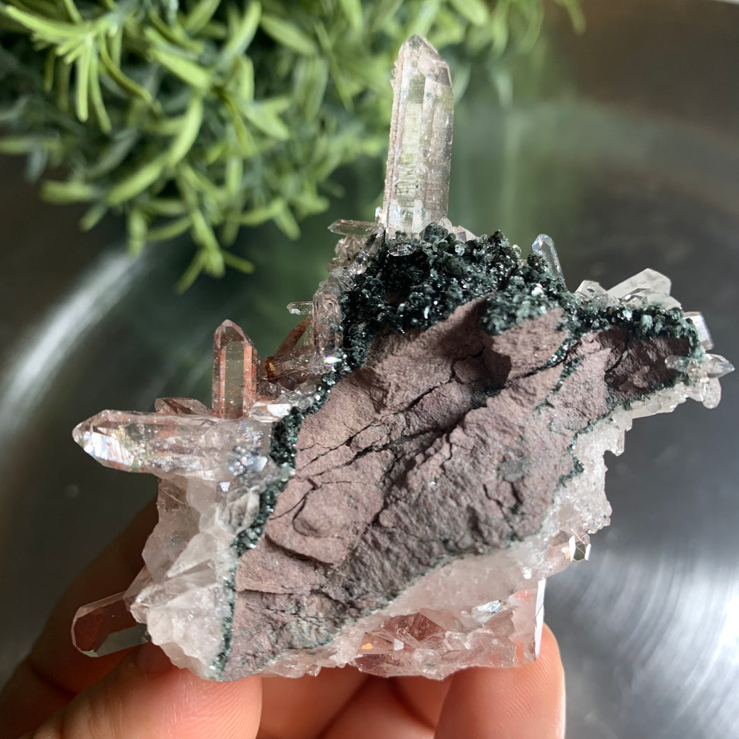 New found - green chlorite pink lemurian quartz cluster 22
