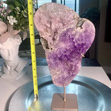 Load image into Gallery viewer, High quality pink amethyst druzy slab pink amethyst slice on stand
