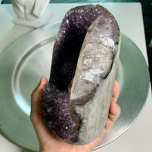 Load image into Gallery viewer, Rare - purple amethyst base / rainbow amethyst with calcite / calcite rainbow amethyst cut base
