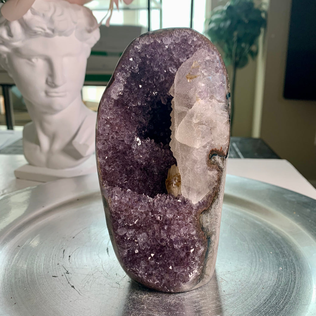 Rare - purple amethyst base / rainbow amethyst with calcite / calcite rainbow amethyst cut base