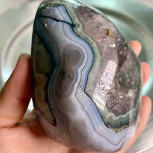 Load image into Gallery viewer, Rare - agate with amethyst teeth and calcite , blue bending on skin
