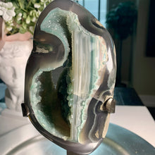 Load image into Gallery viewer, Rare - green rainbow amethyst geode on stand , rainbow amethyst freeform on stand
