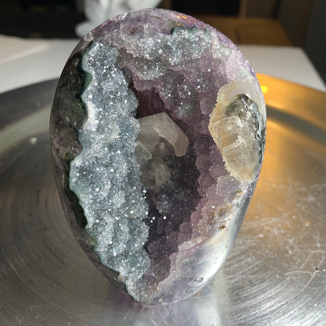 Rare - surgery rainbow amethyst with calcite tower