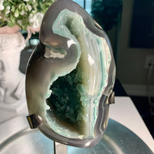 Load image into Gallery viewer, Rare - green rainbow amethyst geode on stand , rainbow amethyst freeform on stand
