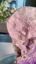 Load and play video in Gallery viewer, High quality pink amethyst druzy slab pink amethyst slice on stand

