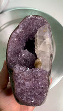 Load and play video in Gallery viewer, Rare - purple amethyst base / rainbow amethyst with calcite / calcite rainbow amethyst cut base
