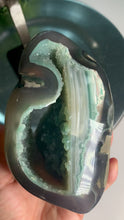 Load and play video in Gallery viewer, Rare - green rainbow amethyst geode on stand , rainbow amethyst freeform on stand
