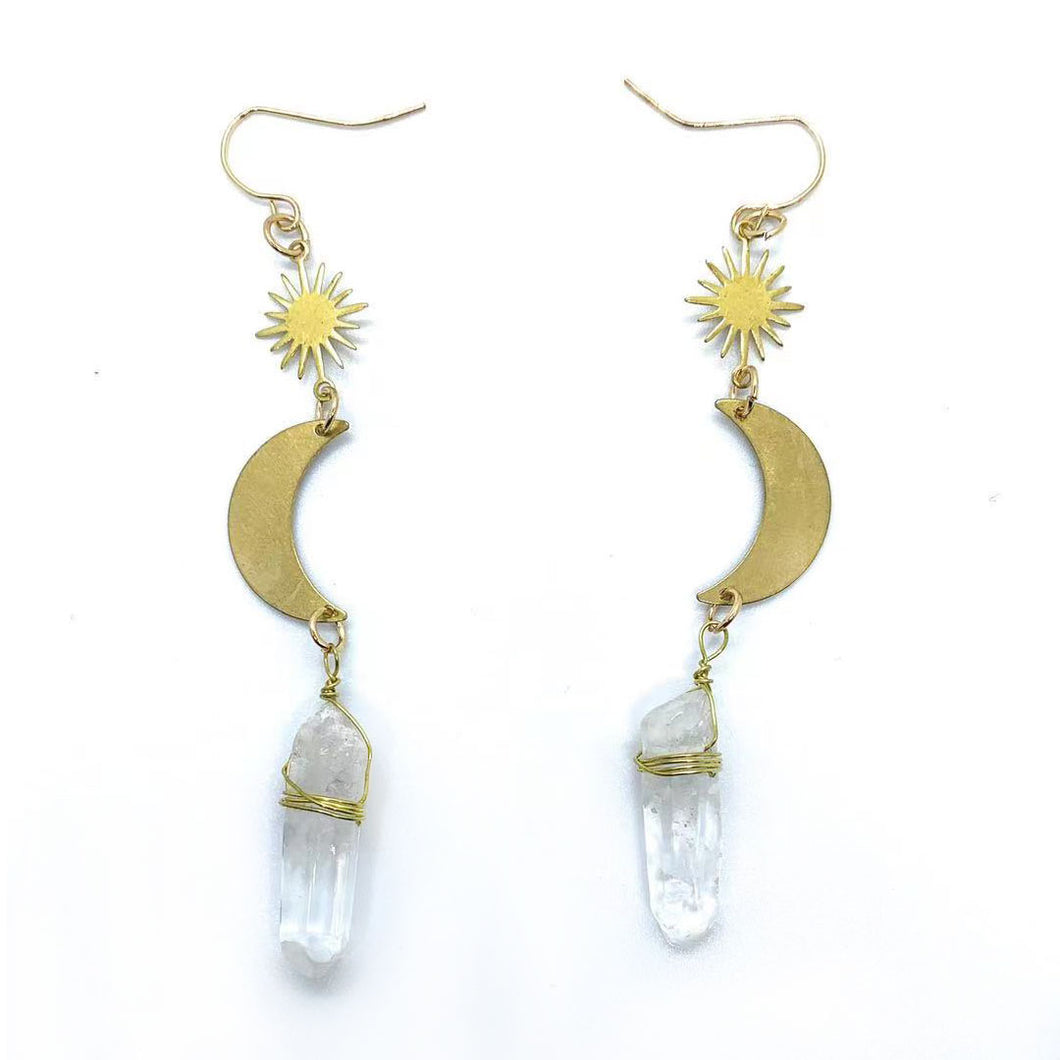 Sun and moon clear quartz earrings