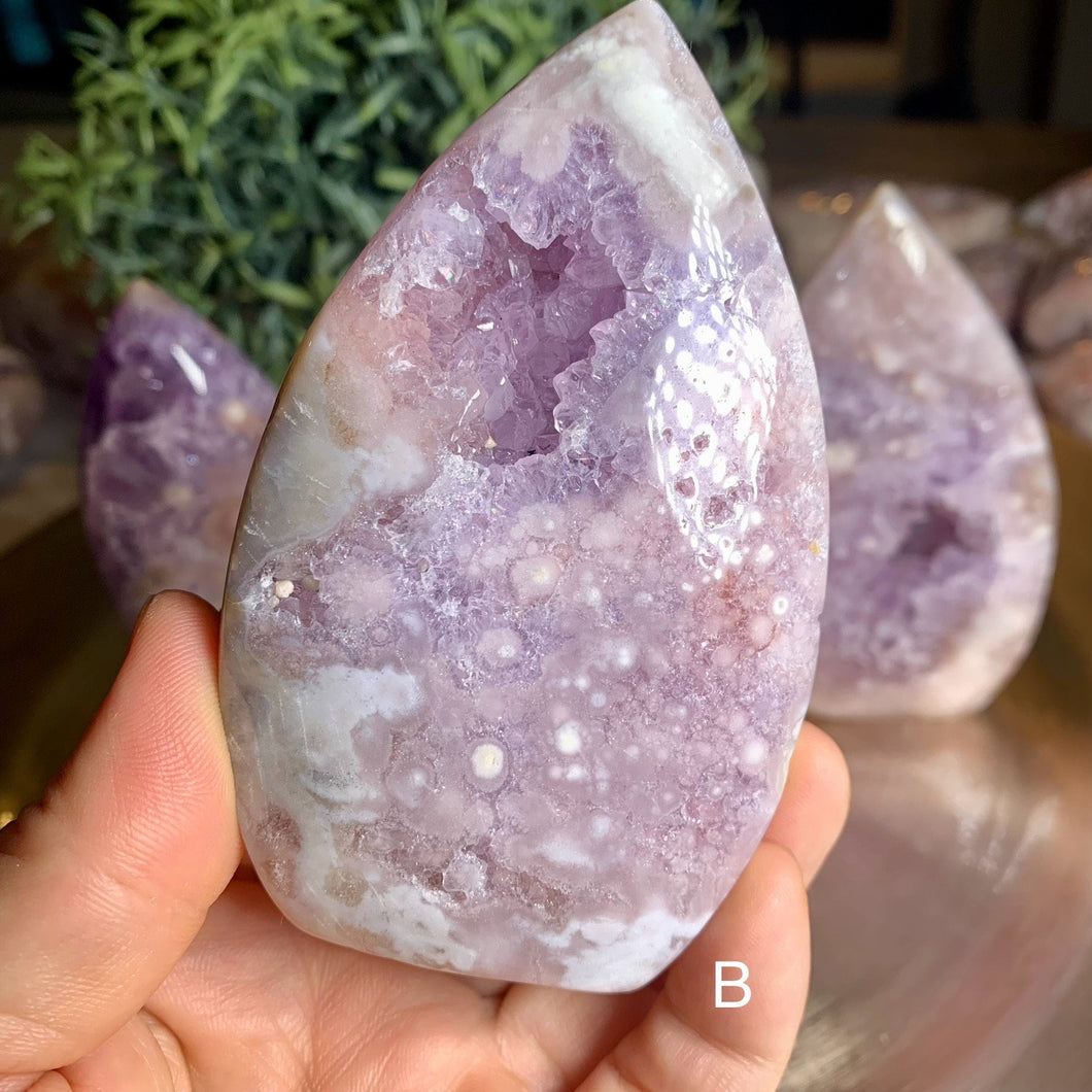 Rare - top quality pink amethyst flames with druzy